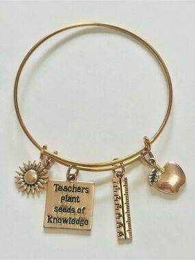 Gold Teacher Charm Bangle Bracelet - Apple, Ruler, Sunflower
